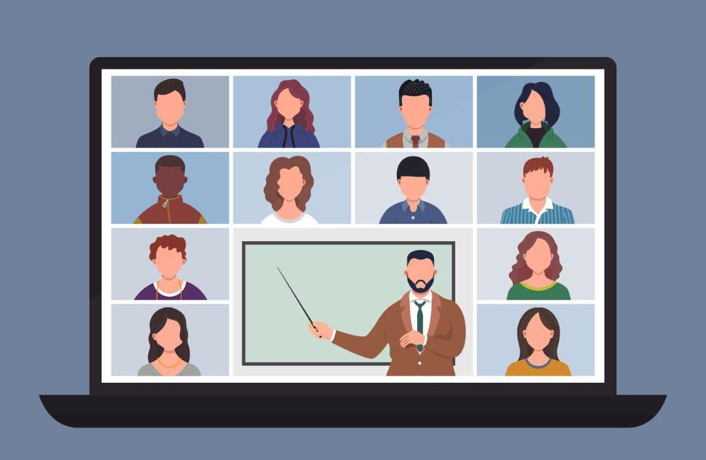 Illustration d’un professeur et d’élèves réunis en visioconférence